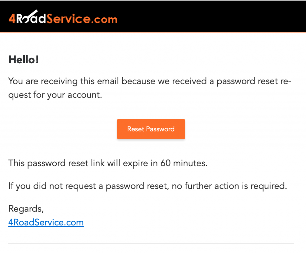 A screenshot of a new password reset E-mail from 4RoadService.com.