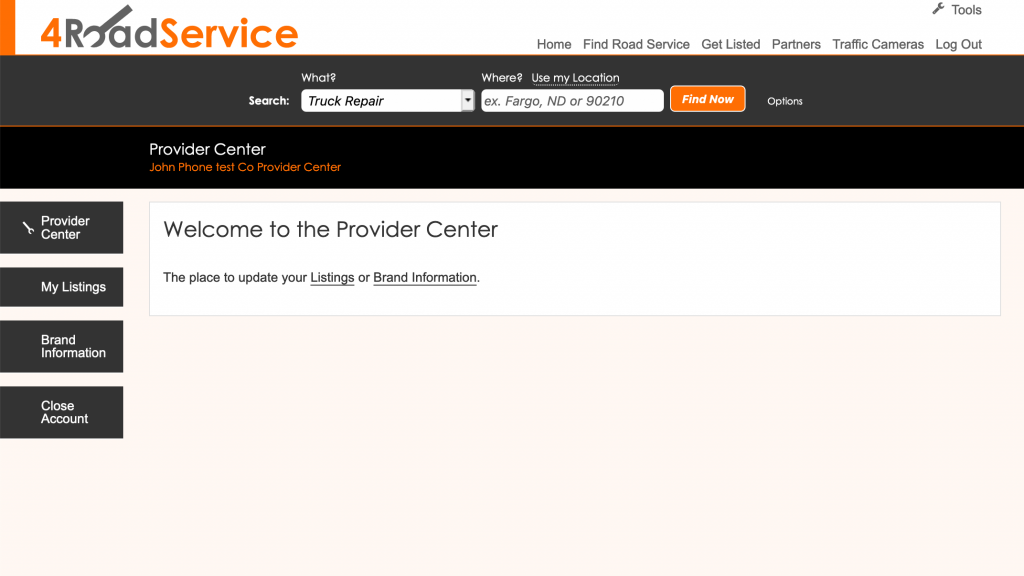 A screenshot of the new Provider Center, where road service providers can update their information on 4RoadService.com