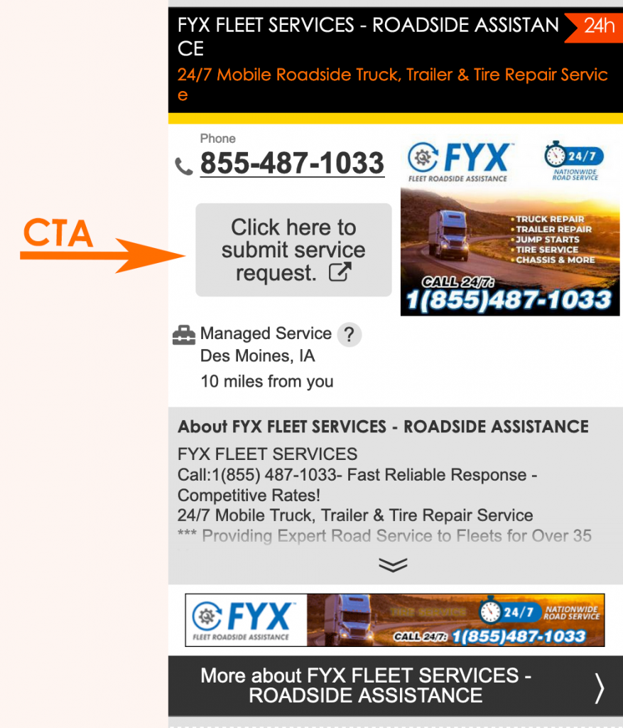 A screenshot with an arrow pointing to a listing's call to action in search results.